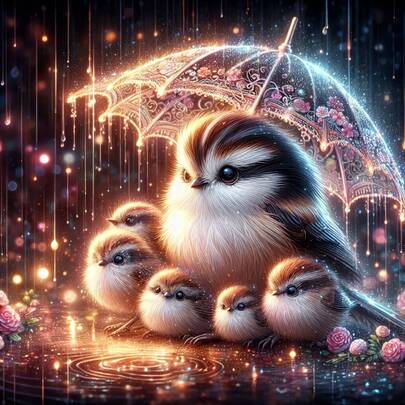 Bộ tranh đính đá 5D tự làm, Chim trong mưa, Tranh đính đá nhân tạo hoàn toàn, Bộ tranh đính đá tròn, Quà tặng trang trí tường nhà và văn phòng thủ công