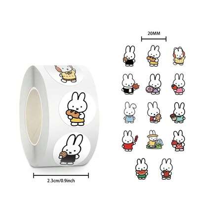 MIFFY 500张米菲兔圆形贴纸卷，可爱卡通兔子标签贴纸，生日派对礼品袋封口贴纸，派对礼物，完美的返校用品，米菲粉丝的生日礼物。