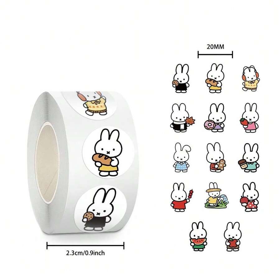 MIFFY 500张米菲兔圆形贴纸卷，可爱卡通兔子标签贴纸，生日派对礼品袋封口贴纸，派对礼物，完美的返校用品，米菲粉丝的生日礼物。 - 彩色 - 查看 1