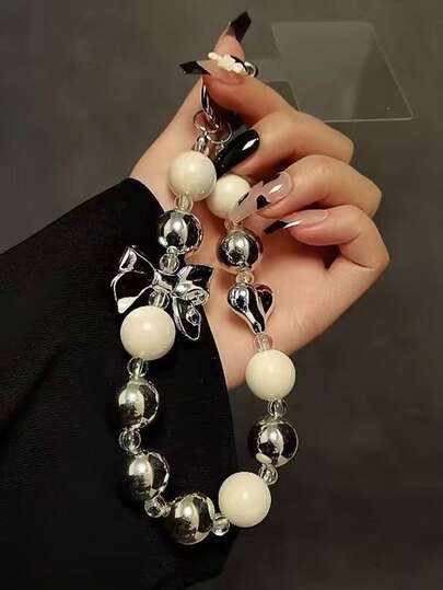 1pc Electroplated Korean & Japanese Style Bow & Heart Decor Lanyard, Suitable For Phone, Earphone Accessories