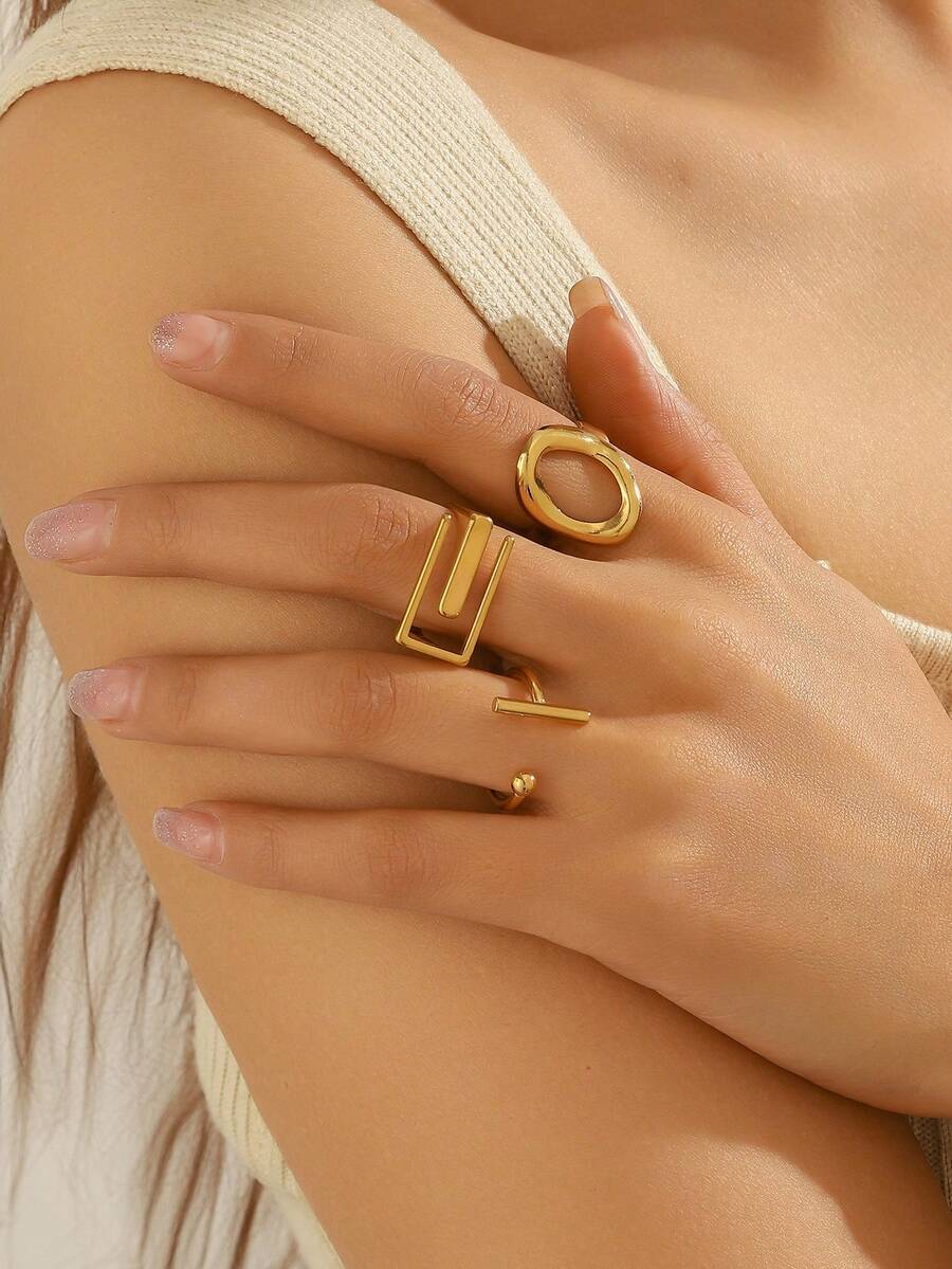 3枚18K镀金304不锈钢不对称椭圆形几何戒指，适合女性日常佩戴或作为礼物 - 金色 - 查看 1
