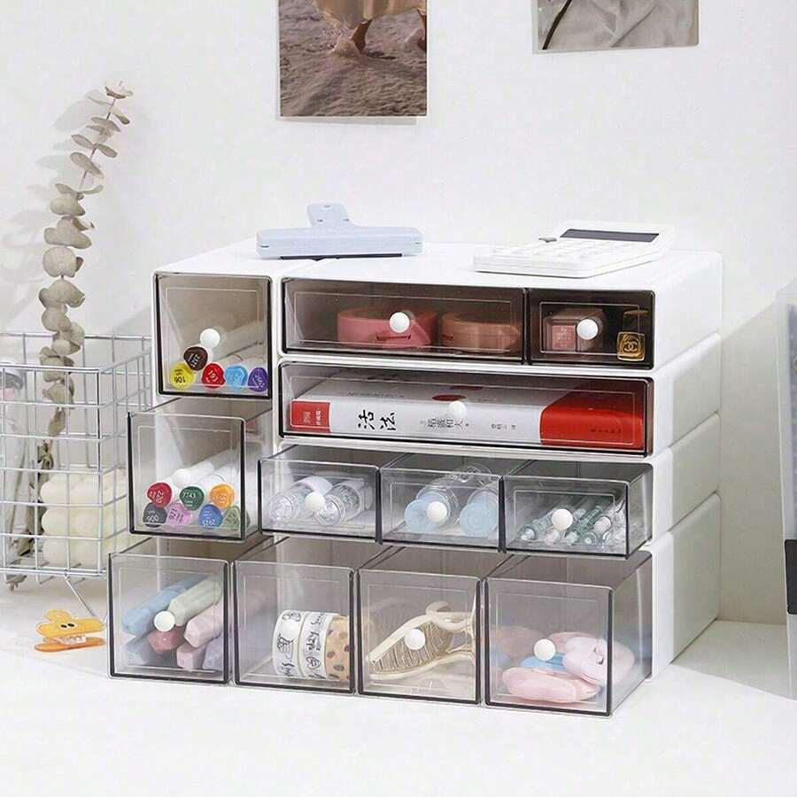 Stackable Clear Drawer Desktop Organizer, Multi-Grid Plastic Storage Box For Stationery Cosmetics Jewelry Office Desk Makeup Vanity Countertop Storage Caddy - Multicolor - View 1