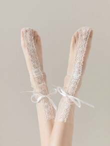 1 Pair White/Black Thin Glass Silk Mesh Socks With Lace Bow Tie, Suitable For Spring/Summer - Multicolor - View 8