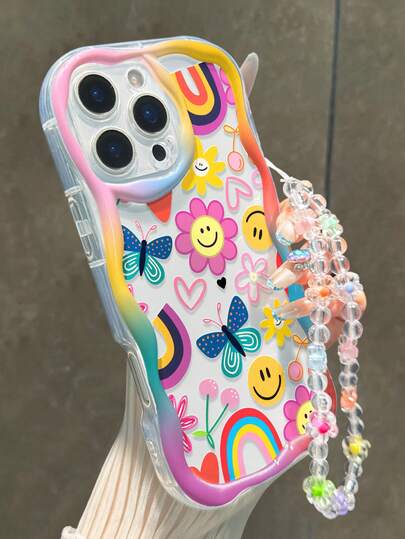 Smiling Face Painted Flat Printed Cream Wavy Edge Detachable Bracelet Simple Shockproof Thick Phone Protective Case Printed Compatible With Iphone 17/17 Pro/17 Pro Max/ 16 XR /7/8 15 Pro Max/12 Pro Max/13 Pro Max/14 Pro Max 13 14 11 12P 14 P11 Soft Shell P12 Anti-Drop XS.XR /78P.78GES2, Suitable For A134G A22 A21S A514G A52 S22 ULTRA A335G, A34 A35 Suitable For 10 Note 114G 11 Lite A53 TPU A14 /A23/S23 ULTRA S24 A14 A15 S23 A73 A55 A54 Phone Case