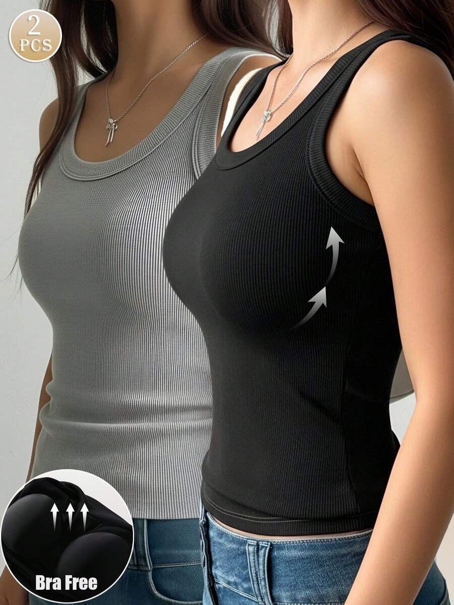 2pcs Atasan Tank Top Camisole Leher Bulat Minimalis Nyaman Kasual Dasar Wanita, Atasan Tanpa Lengan Bergaris Warna Polos Pas Badan - MultiWarna - View 1