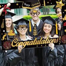 22 Pcs 2026 Graduation Photo Booth Props Kit Large Frame Congrats Class Of 2026 Signs For Party Favors Decor - Vàng đen - Xem 2