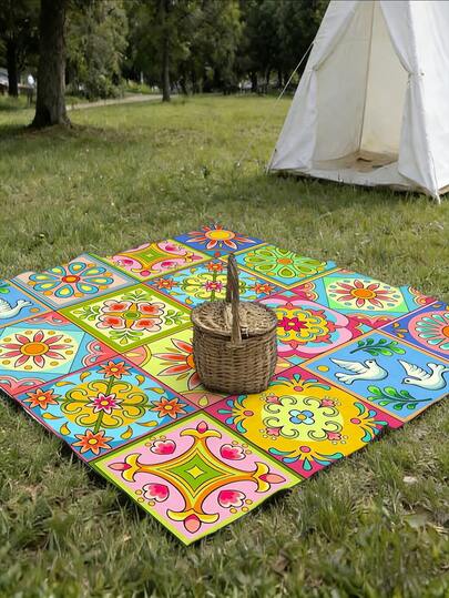 1 adet Yıkanabilir Dış Mekan Piknik Matı, Canlı Çiçekli Patchwork Baskılı Bohem Tarzı, Polyester Bahçe Halısı, Teras, Veranda, Kamp ve Tatil Dekorasyonu İçin Uygun, Çeşitli Boyutlarda Mevcut, Kolay Bakım Malzemesi, Vazgeçilmez Dış Mekan Aksesuarı