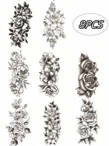 Black Rose Flower Temporary Tattoo Stickers, Realistic Waterproof Fake Tattoo Stickers For Women, Arm Sketch Tattoo Stickers, Suitable For Daily Makeup, Festivals And Parties,Sketch Style - Black - View 3
