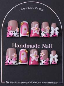 10片/套，欧美手工鸭嘴美甲贴片，Y2K粉色法式风格，3D手绘粉末雕刻，手绘纹理设计，镶嵌蝴蝶结形宝石。内含1片果冻胶和1把指甲锉。完美适用于日常生活以及科切拉音乐节派对装扮，是美甲贴片和美甲护理的理想之选。 - 粉色 - 查看 2
