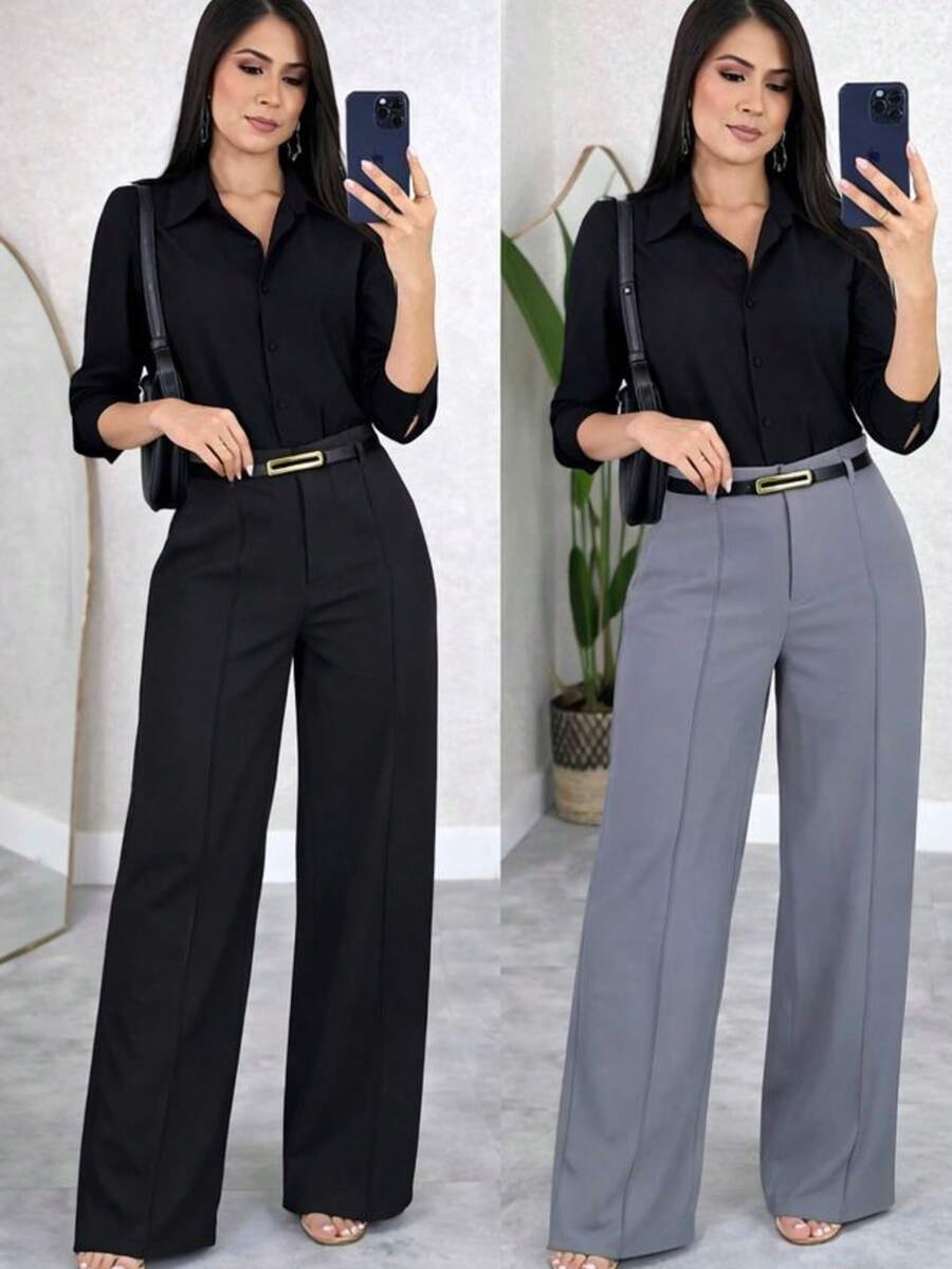 Kit Of 2 Women's Tailored Wide Leg Pants With Belt - 黑色/灰色 - 查看 1