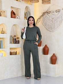 Women's Gray Casual Chic Long-Sleeved Fleece Set With Comfortable Wide-Leg Pants - Winter Fashion - 軍綠色 - 查看 8