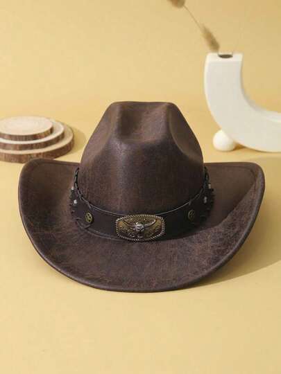 1pc Unisex Cattle Head & Belt Decor Boho Jazz Cowgirl Hat Cowboy Hat Ridge Wide Brim Handmade Soft Felt Hat Panama Hat Fedora Hat Western Suitable For Party