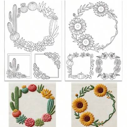 Wasserlöslicher Stick- und Stickvlies, vorbedruckte Blumenkränze, Kaktus- und botanische Randmuster zum Handnähen