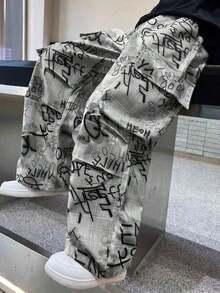 Men's Fashion Street Punk Style Camouflage Print Sweatpants, A Must-Have Item , Personalized Loose Street Fashion Wide Leg Pants, Fall - 灰色 - 查看 3