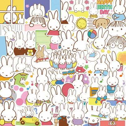 MIFFY 50 miếng dán hình thỏ hoạt hình dễ thương, chống thấm nước và bền, dùng để trang trí sổ tay, hành lý, cốc và nhiều vật dụng khác.