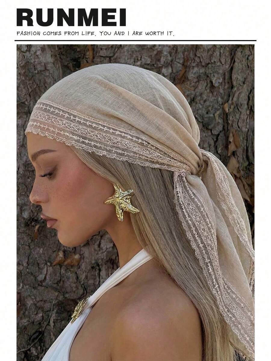 1pc Women's Elegant Solid Color Square Lace Trim Headscarf, Multifunctional As Headscarf, Shawl And Hair Accessory, Suitable For Use In Mosques, Fashionable Casual Accessory For Summer - 卡其色 - 查看 1