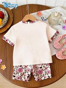 Disney Summer 2pcs Baby Girls Cute Minnie Mouse Ditsy Floral Short Sleeve T-Shirt And Shorts Set, Casual Baby Girl Daily Basic Letter Print Knit Round Neck Tee And Elastic Waist Pants, Outdoor Holiday Outfit - Pink - View 3