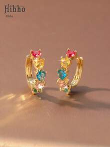 Hihho 1 Pair Rainbow Heart Hoop Earrings, Silver/Gold Plated, Luxury European Style Inlaid Zirconia Earrings, Sweet Elements With Colorful Gems, Versatile For Gifting, Commuting And Dating - Heart-shaped Earrings - View 8
