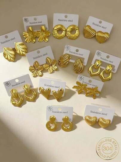 18 Pieces (Random Styles) Of Gold Earrings, Stainless Steel Earrings. Elegant Design, Low-Allergy Stainless Steel Earrings Set. The Best Earrings Gift For Your Female Friends.