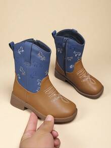 Toddler Girls' Color Block Western Cowboy Boots - Embroidered Horse Mid-Calf Boots With Side Zipper, Comfortable Casual Outdoor Shoes - Brown - View 7