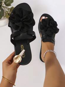 女士圆头平底凉鞋，饰有3D立体花卉图案，露趾套脚穆勒鞋，夏季度假风休闲沙滩拖鞋，纯色 - 黑色A - 查看 19