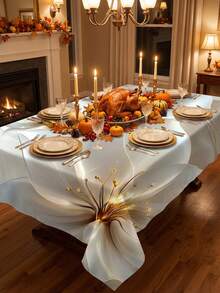 1 Pieza Mantel redondo con efecto de flor 3D y luz en oro blanco, mantel de mesa de lujo y romántico estilo francés de país, de poliéster resistente a las manchas y al agua, con borde festoneado, a prueba de aceite y polvo, lavable y reutilizable, ideal para cenas de aniversario, celebraciones del Día de San Valentín, reuniones íntimas, suministro esencial para la cocina y el hogar - Multicolor - Ver 5