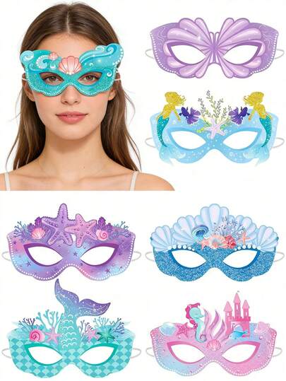 Bộ 16 mặt nạ giấy trang trí chủ đề nàng tiên cá, kính giấy chủ đề nàng tiên cá phù hợp cho tiệc sinh nhật, tiệc kỳ lân, dạ hội hóa trang, đạo cụ chụp ảnh bãi biển mùa hè.
