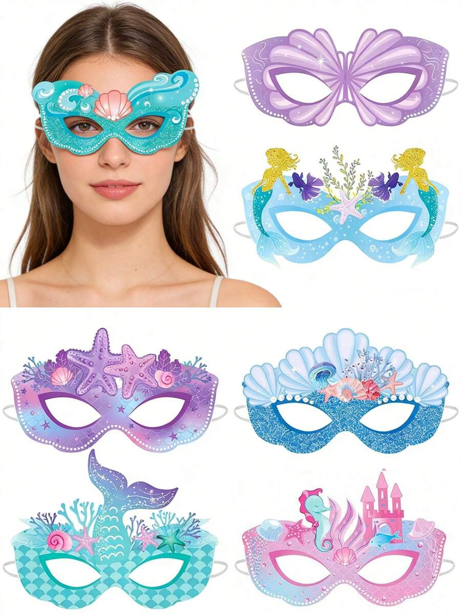 16pcs Mermaid Theme Party Paper Masks Decorations, Mermaid Theme Paper Glasses Suitable For Birthday Party, Unicorn Party, Masquerade Ball, Summer Beach Photo Booth Props - Mermaid - View 1