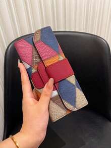 Women's Fashion Clutch Bag, PU Leather Patchwork Embossed Pattern Card Holder, Retro Minimalist Anti-Theft Tri-Fold Large Capacity Multi-Card Wallet Festival Graduation Teacher Appreciation Gifts Gift - Burgundy - View 1