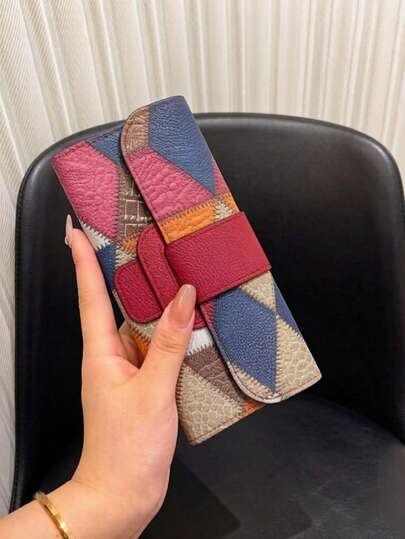 女士时尚手拿包 PU 皮革多色拼接压纹图案卡包 复古简约身份证卡套 防盗三折搭扣翻盖信用卡夹 女士钱包 长款钱包 大容量多卡位卡包 带零钱包