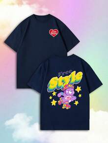 SHEIN | Care Bears 夏季女式短袖经典卡通紫色小熊轮滑自由式标语趣味图案T恤，融合了甜美酷炫的电子女孩风格。 - 藏蓝色 - 查看 2