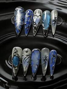 十片装蓝色猫眼手工美甲贴片，奢华复古手工假指甲，杏仁形按压式假指甲，适合春、夏、秋季佩戴，欧美辣妹风格，哥特朋克假指甲，女士高贵礼物，可重复使用，适合女孩和女士参加派对或日常佩戴。 - 彩色 - 查看 4