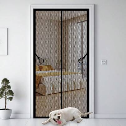 Upgraded Extra Large Black Striped Magnetic Automatically Closing Anti-Mosquito Door Curtain, Thickened Mesh Fabric, Breathable, Suitable For Bedroom, Bathroom, Balcony, Kitchen, Pet Friendly, Easy Installation With Hooks, Fits Most Doors