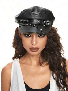 ROMWE Grunge Punk Black Rivet Punk Style Beret Hat For Women - Multicolor - View 4