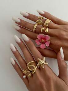 8件套波西米亚海洋风海星贝壳吊坠戒指套装，女士珠宝配饰 - 金色 - 查看 6