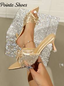 女士夏季新款蕾丝蝴蝶结凉鞋，时尚优雅休闲百搭，适合约会，高跟凉鞋 - 金色 - 查看 3