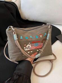 Bolso de hombro tipo mensajero versátil y de uso diario con diseño de literatura fresca, bolso de mensajero retro tejido de nicho con correa de hombro ajustable, bolso de mensajero clásico personalizado para ir a la universidad, compras y citas, entre otros. - Gris - Ver 8