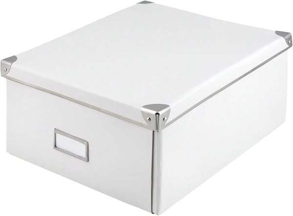 Aufbewahrungsbox aus weißem Metall mit Metallecken und Deckel, Aufbewahrungsbox aus Pappe, Aufbewahrungsbox für Bürounterlagen, Aufbewahrungsbox für Haushaltsgegenstände