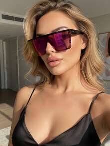 1pc Square Large Frame Rivet Rimless Mercury Color Unisex Fashion Glasses - Purple - View 1