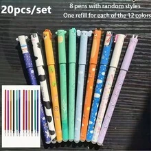 Bộ 20 bút bi gel hình động vật có thể xóa được, bao gồm 8 bút với nhiều màu mực khác nhau, 12 ruột bút thay thế, thích hợp để viết, vẽ, tô màu, vẽ nguệch ngoạc, có thể dùng làm phần thưởng cho học sinh hoặc quà tặng nhân dịp năm học mới. - Bộ - Xem 1
