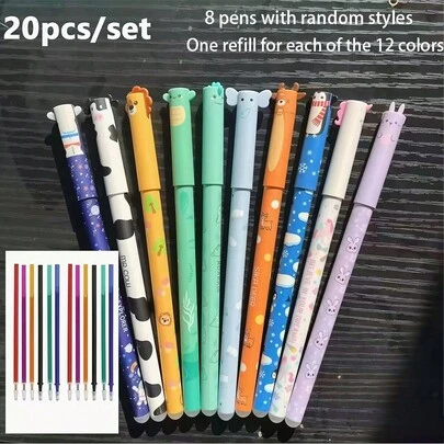 20pcs New Animal Shaped Erasable Gel Pen Set, Includes 8 Pens With Various Color Inks, 12 Refill Cartridges, Suitable For Writing, Drawing, Coloring, Doodling, Can Be Used As Student Rewards Or Back-To-School Gifts