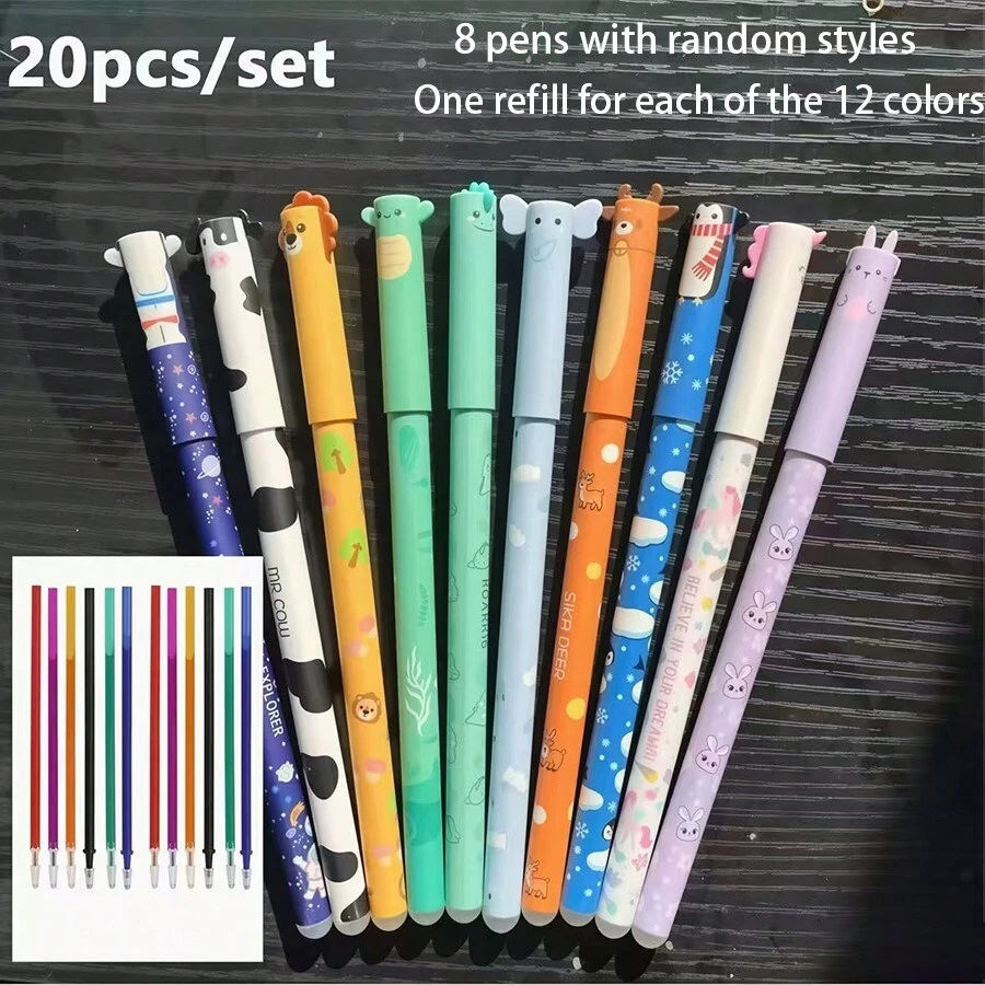Bộ 20 bút bi gel hình động vật có thể xóa được, bao gồm 8 bút với nhiều màu mực khác nhau, 12 ruột bút thay thế, thích hợp để viết, vẽ, tô màu, vẽ nguệch ngoạc, có thể dùng làm phần thưởng cho học sinh hoặc quà tặng nhân dịp năm học mới. - Bộ - Xem 1