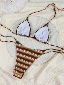 Onefish Stripe Triangle Halter Neck Adjustable Tie Removable Padding Bikini Top Paired With Matching Tie Side Bikini Bottom Two Pieces Bikini Set Vacation Beach Summer - Brown - View 4