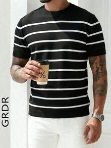 GRDR Men's Summer Knit Striped Short Sleeve Shirt, Suitable For Summer Vacation Casual Wear - Black - View 5