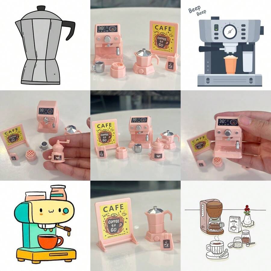 1 Set Of 6 Pcs Realistic Mini Pink Coffee Machine Model Set, Fun Toy And Decor, Gift For Coffee Lovers