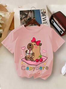 2pcs/Set Teenage Girls Casual Creative Cute Capybara Print T-Shirt + Shorts Summer Vacation Outfit - Multicolor - View 5