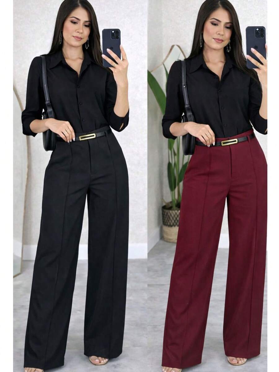 Kit 2 Women's Wide Leg Pants With Belt - 黑色/酒紅色 - 查看 1