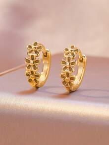 高品质不锈钢女士圈形耳环，低过敏性316L耳钩，花朵蝴蝶结镶嵌，闪亮18K真空电镀，防褪色，优雅吊坠时尚设计，适合女士日常佩戴、节日、假期、夏季、派对和其他场合。 - 金色 - 查看 1