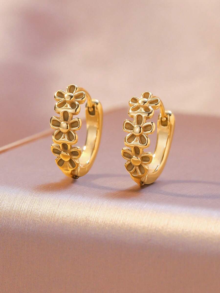 高品质不锈钢女士圈形耳环，低过敏性316L耳钩，花朵蝴蝶结镶嵌，闪亮18K真空电镀，防褪色，优雅吊坠时尚设计，适合女士日常佩戴、节日、假期、夏季、派对和其他场合。 - 金色 - 查看 1