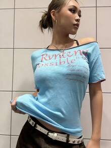 American Style Sexy Crop Top, Women's Blue Slim Fit Asymmetrical Shoulder Short Sleeve T-Shirt For Summer - Blue - View 5